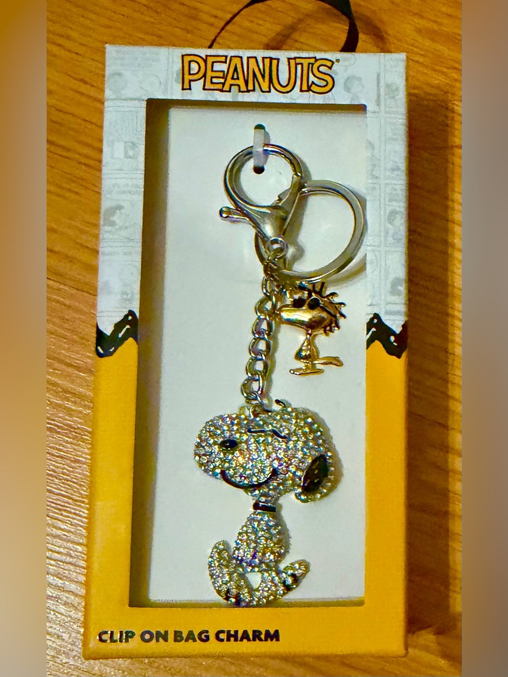 PEANUTS SNOOPY and Woodstock Rhinestone Clip on Bag Charm & Key Chain. NEW 4.5”